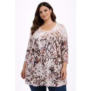 One World Women's 3X Floral Tunic Top Pink Brown Long Sleeve Stretch Plus